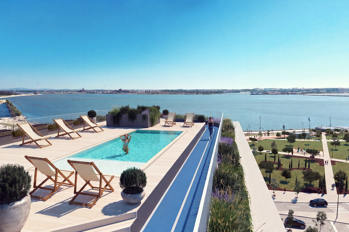 Piscina e pista de corrida no rooftop do Nooba, com vista panorâmica sobre o rio e os jardins