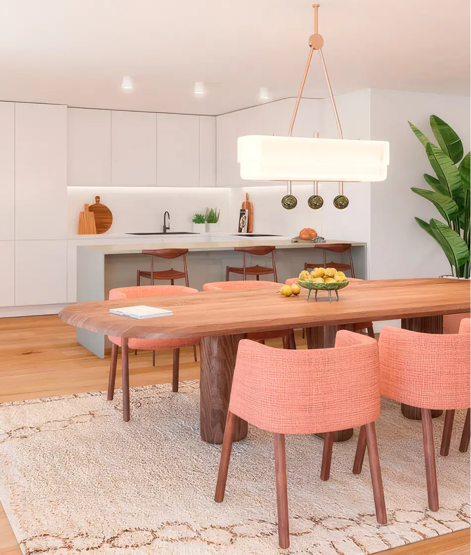 Cozinha aberta e sala de jantar de um apartamento Nooba, com mesa de madeira maciça e acabamentos em tons neutros