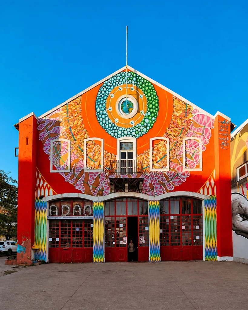 Fachada colorida com street art de um edifício da ADAO no Barreiro