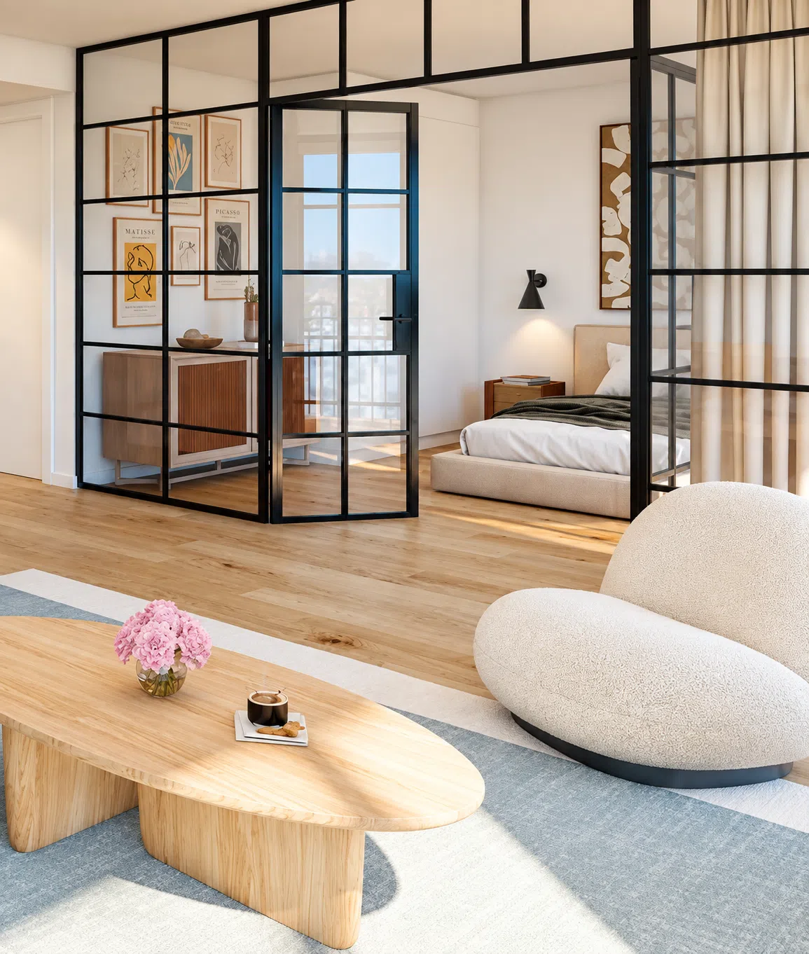 Quarto de um apartamento Nooba com divisória de vidro e ferro, mobiliário em tons neutros